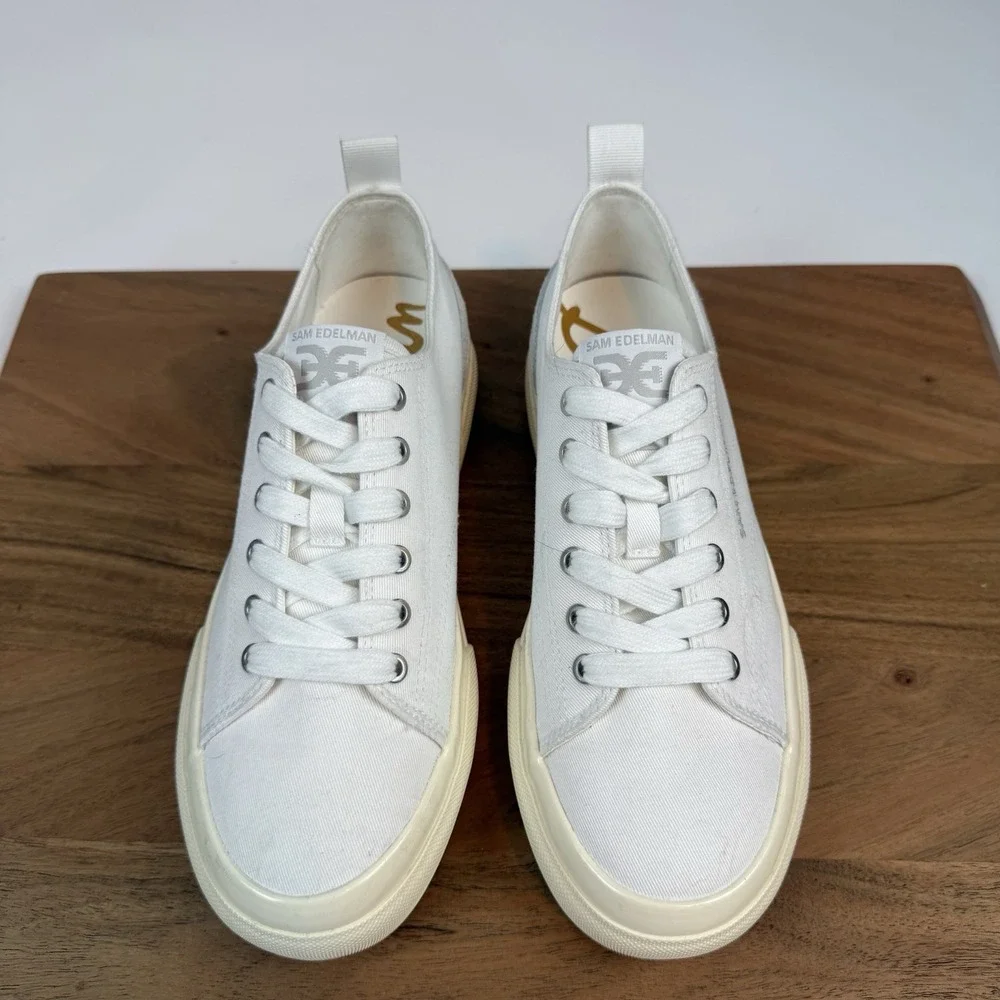 New Womens Sam Edelman‎ Sonia Canvas White Lace-Up Platform Sneakers Size 7 M